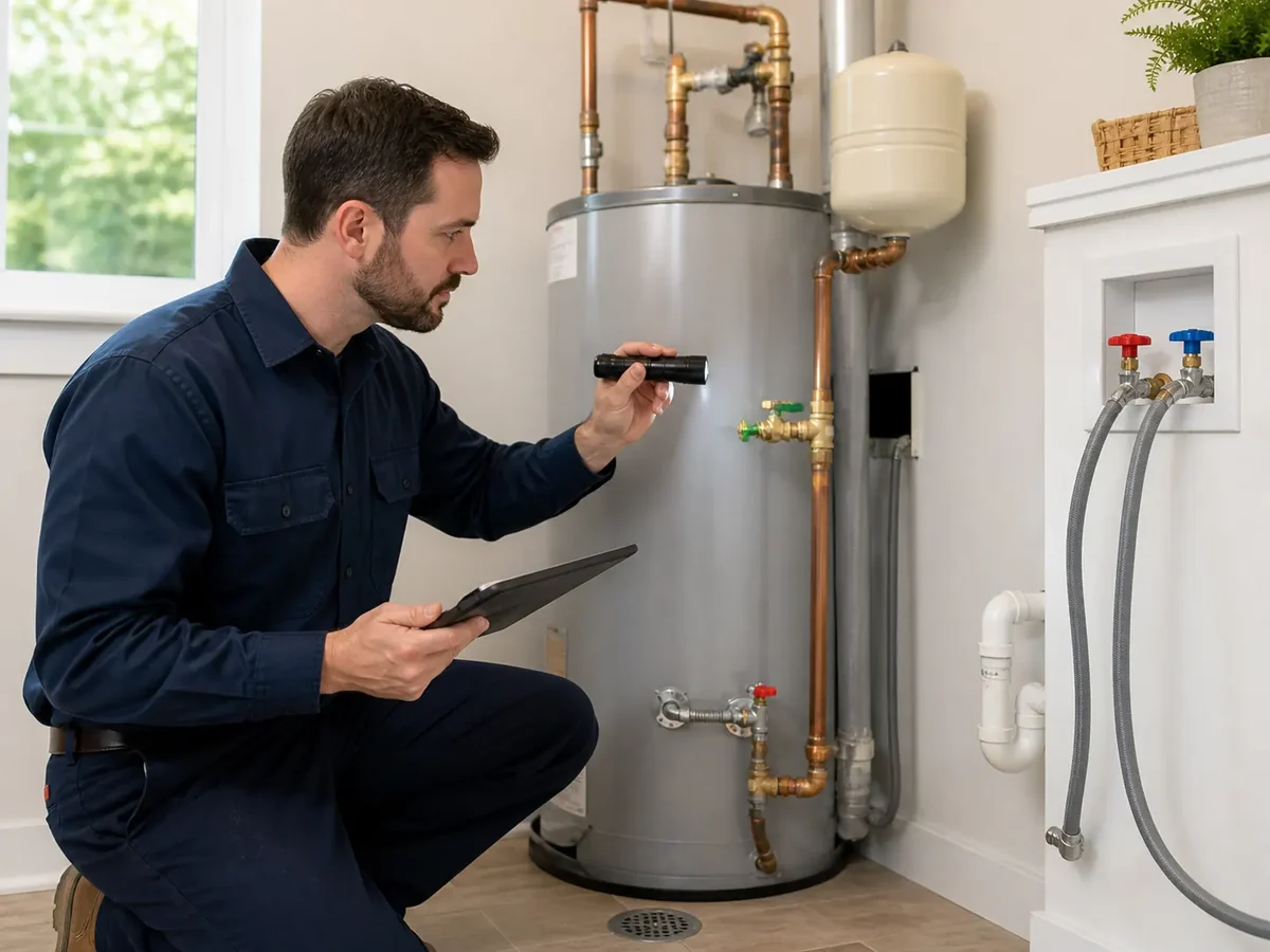 Plumbing professional inspecting a residential water heater